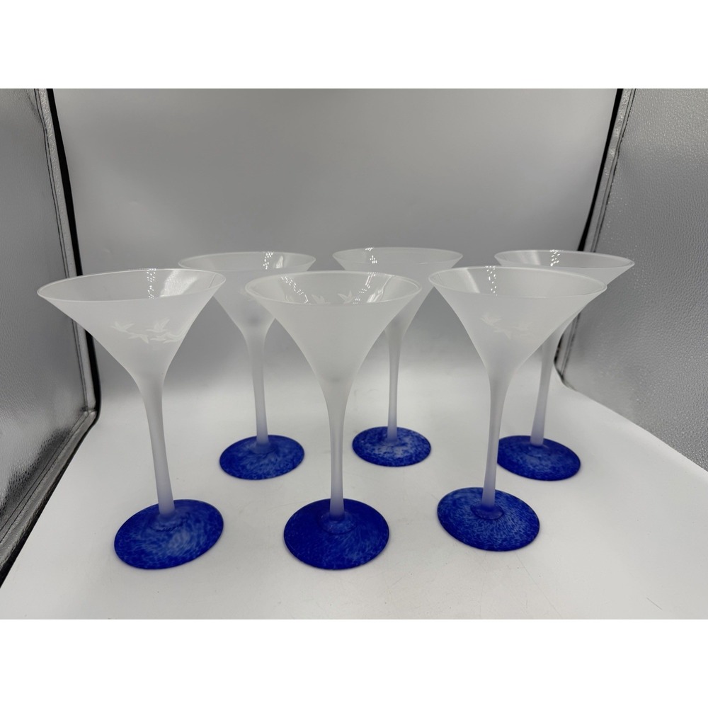 Lot Of 6 Grey Goose Martini Glasses Frosted Glass Blue Cobalt Swirl Base